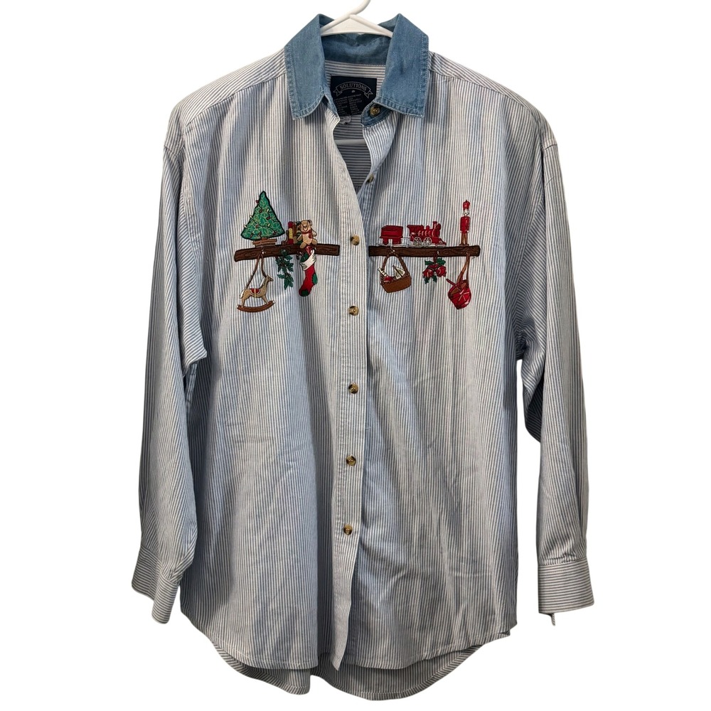 Solutions Vintage Medium Blue Stripe Button‎ Up Embroidered Christmas Shirt